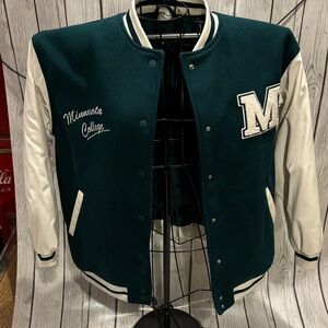 Divided Green and White Varsity Jacket Minnesota College embroidered size small